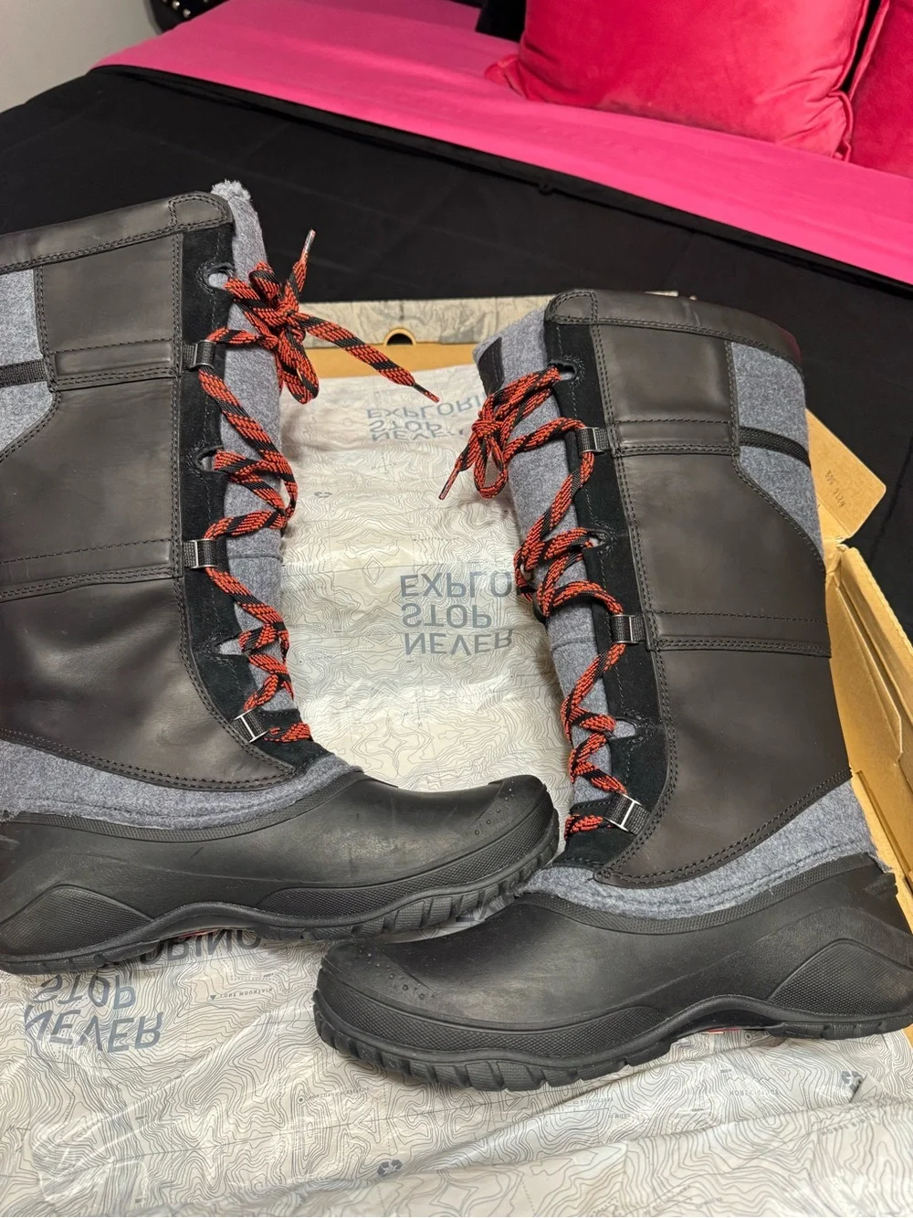 The North Face Women's Black and Gray Winter Lace-Up Boots with Red Accents